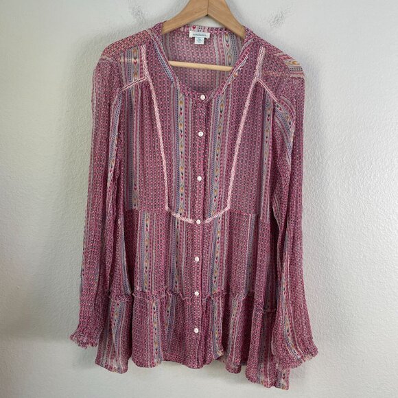 Sundance Womens Petite XL Blouse Gemini Top Berry Pink Button Down Sheer Shirt - Picture 8 of 11